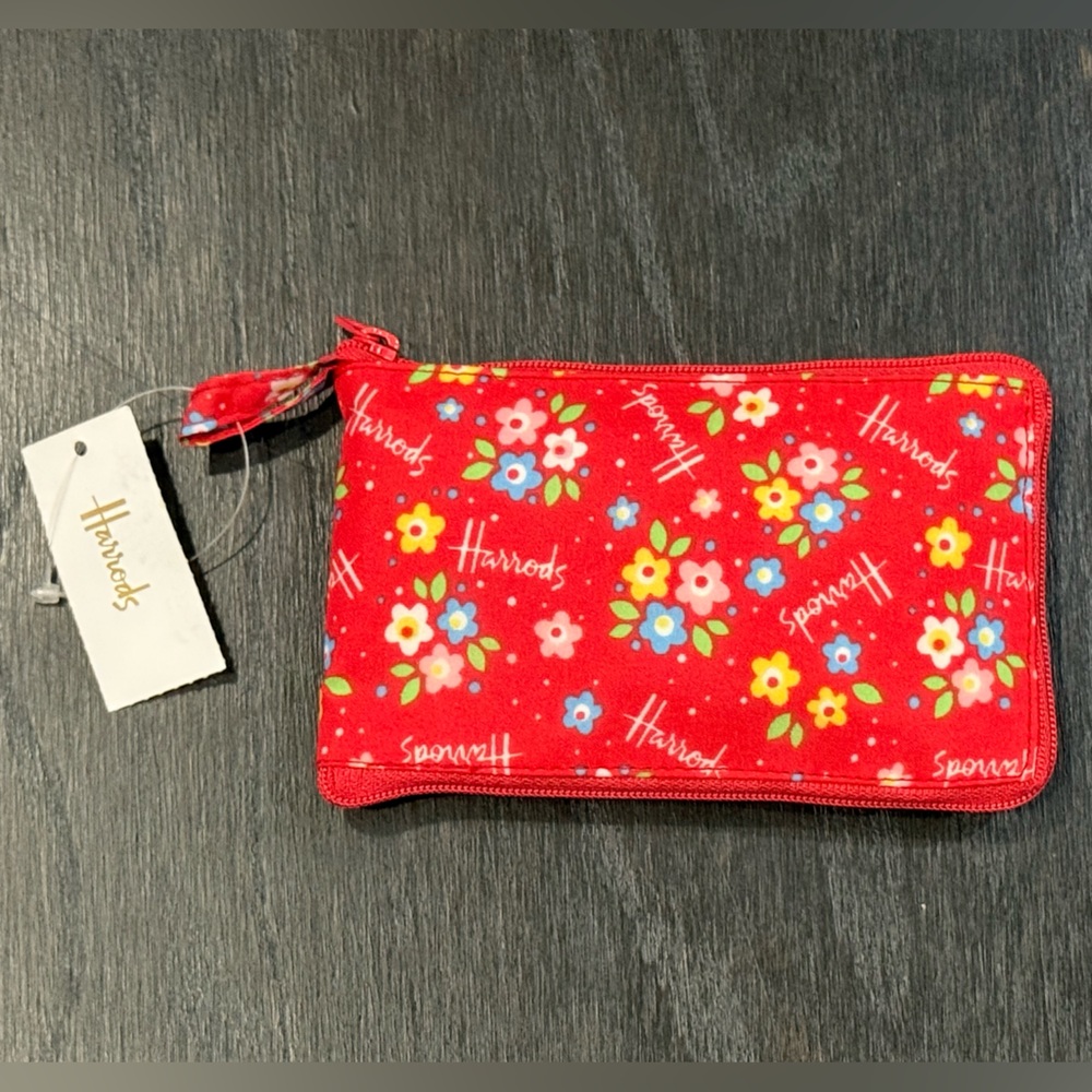 New Harrods Red Floral Pocket Shopper Foldable Zip Pouch